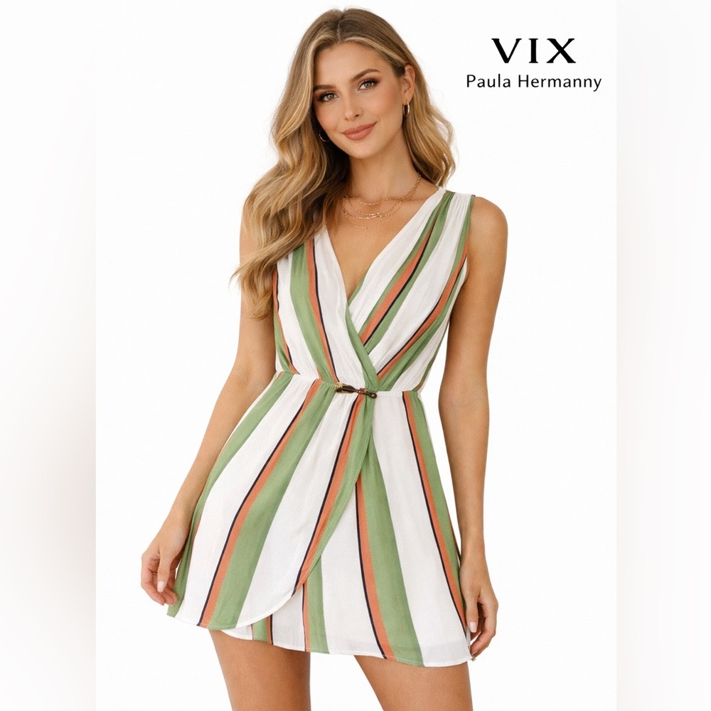VIX Paula Hermanny Calala Gisele Short Caftan Dress L NWT White Striped Resort